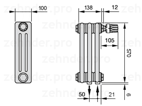 Схема (чертеж) Радиатор Zehnder Charleston 3057/3 №V002 Technoline TL